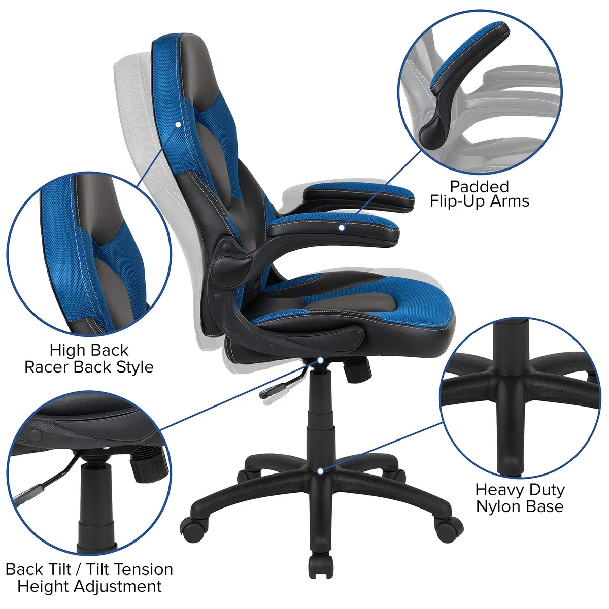 Flash Furniture Revestimiento Flash Sillas de Carreras, Ajustable, Plástico Poliuretano Espuma Malla Madera Técnica, Blau, Pack de 1