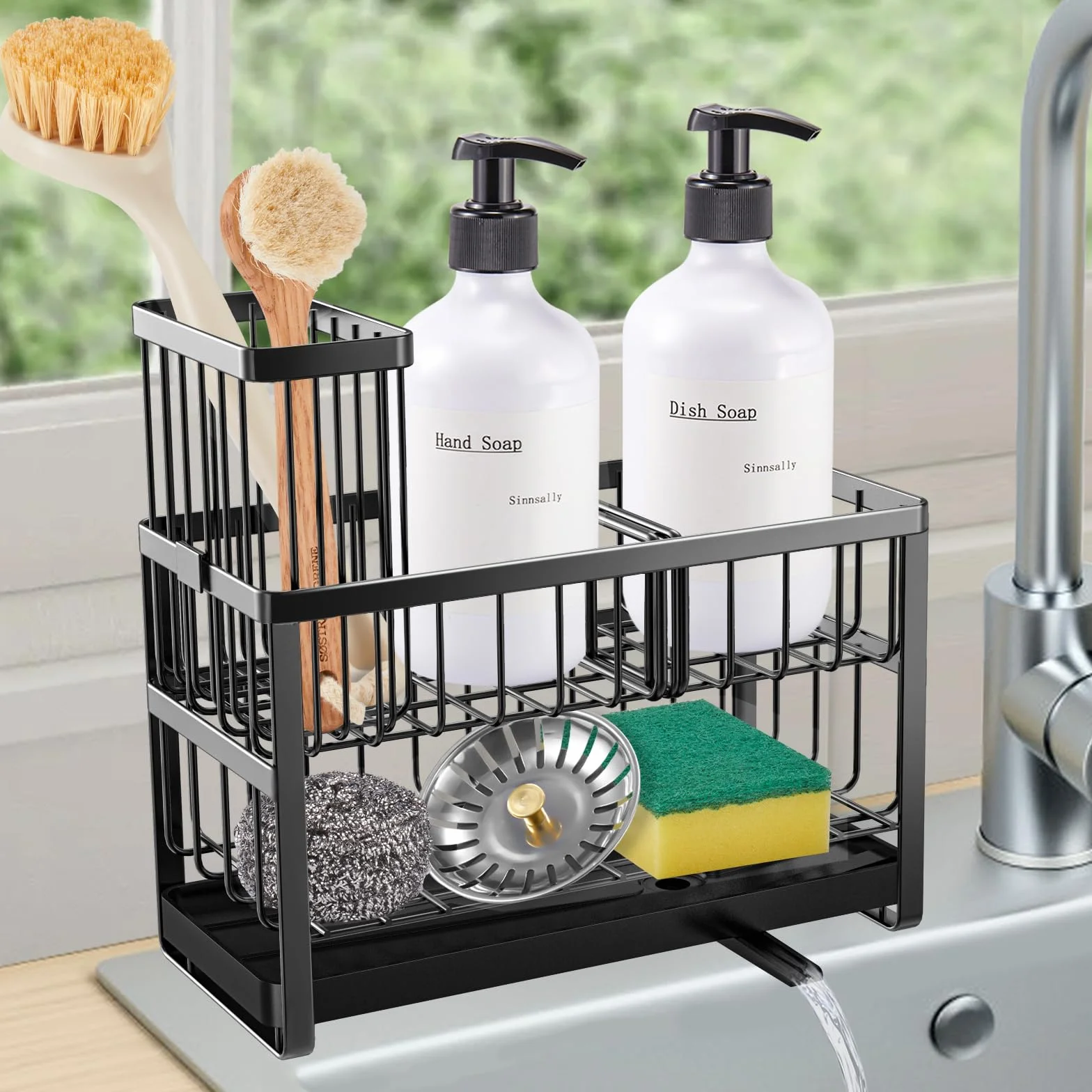 Sinnsally Organizador de fregadero de cocina, 2 niveles para fregadero de cocina, soporte de esponja, organizador de acero inoxidable, soporte para detergente, organizador de cocina, utensilios de