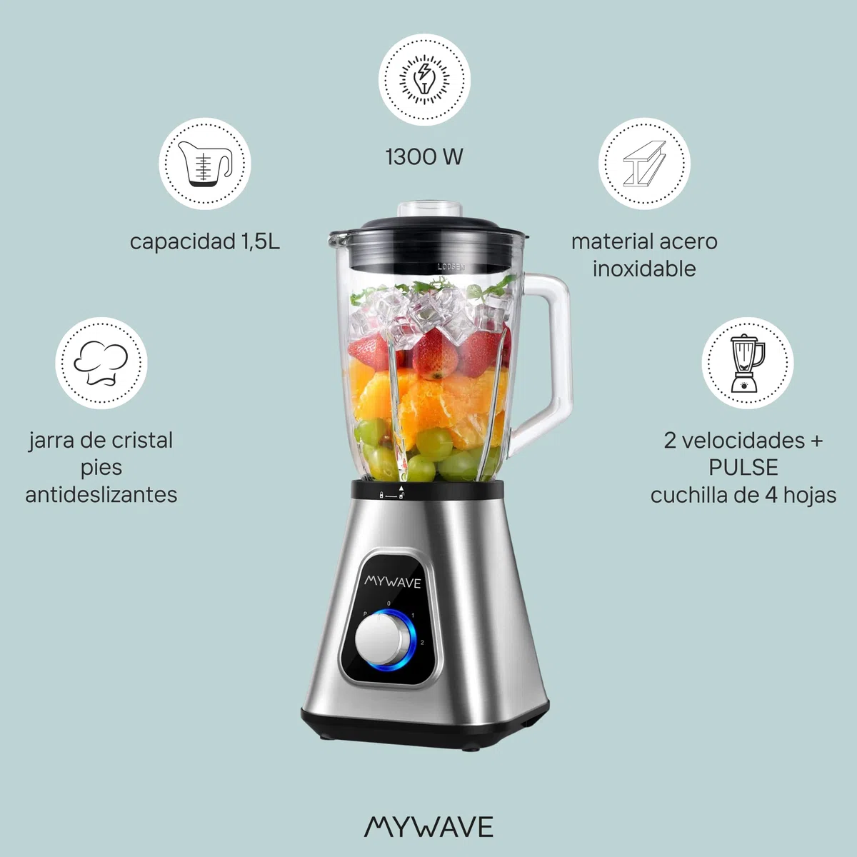 My Wave - Batidora de Vaso - Potencia de 1300W - Capacidad de 1,5L y 2 Velocidades + Pulse- Para Líquidos y Sólidos - Cuchillas de Acero Inoxidable y Vaso Extraíble - Apta para Lavavajillas