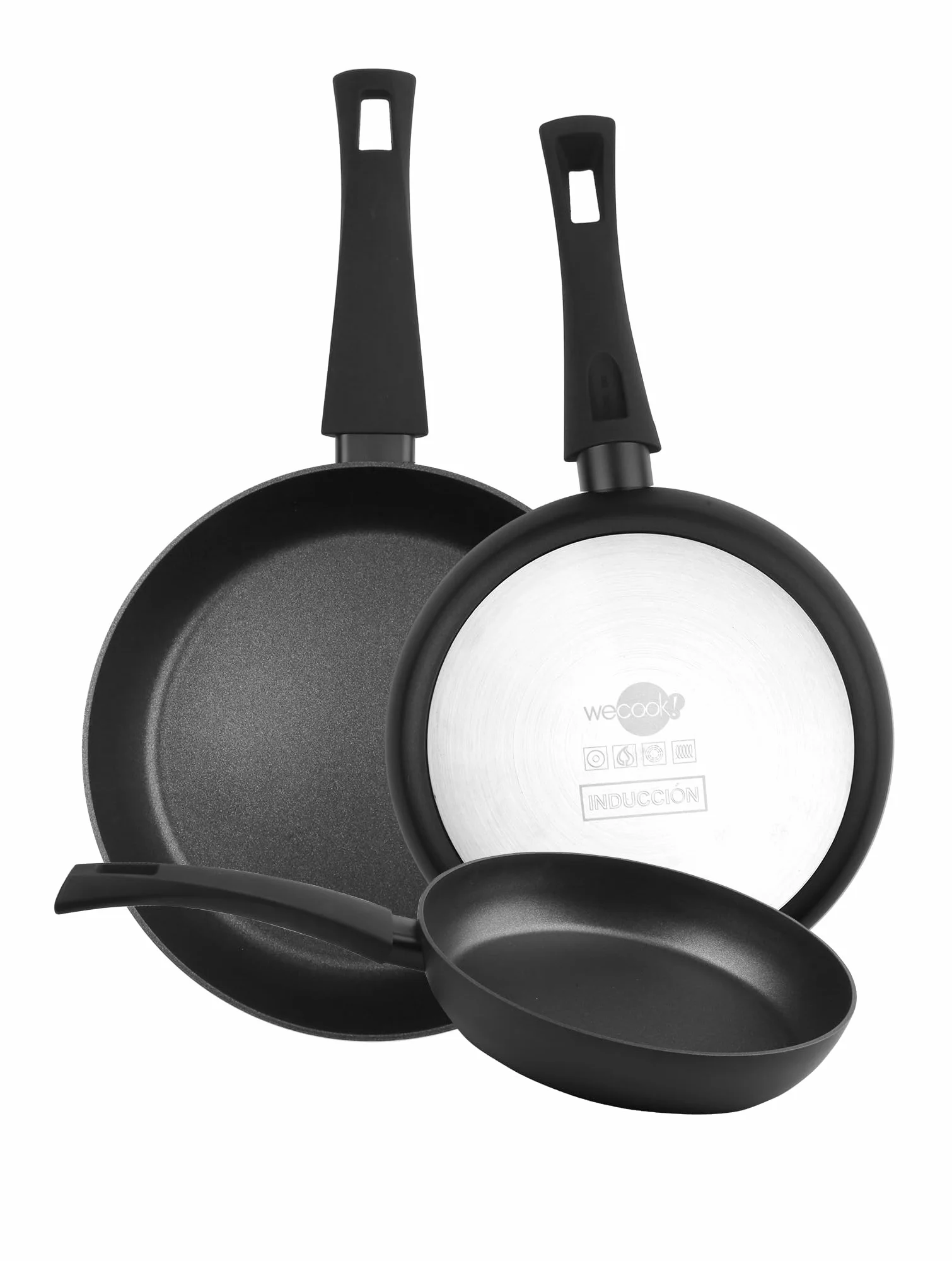 Wecook! Ecogreen Juego de Sartenes Antiadherentes Set de 3 sartenes 20-24-28 cm de Aluminio Prensado – Apta para todas las cocinas Inducción, Gas y Vitrocerámica, libre PFOA, Mango Soft Touch, Negro