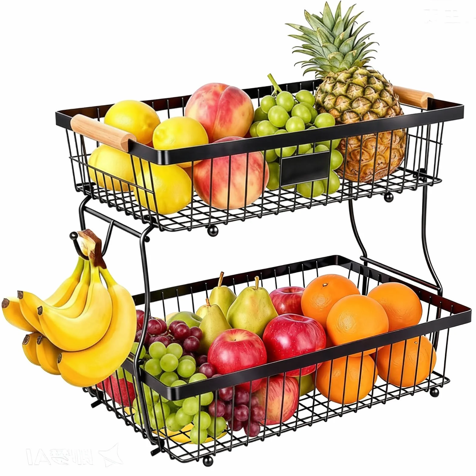 Frutero 2 Pisos, Fruteros de Cocina, Diseño Desmontable, Frutero para Guardar Fruta y Verdura (Negro)