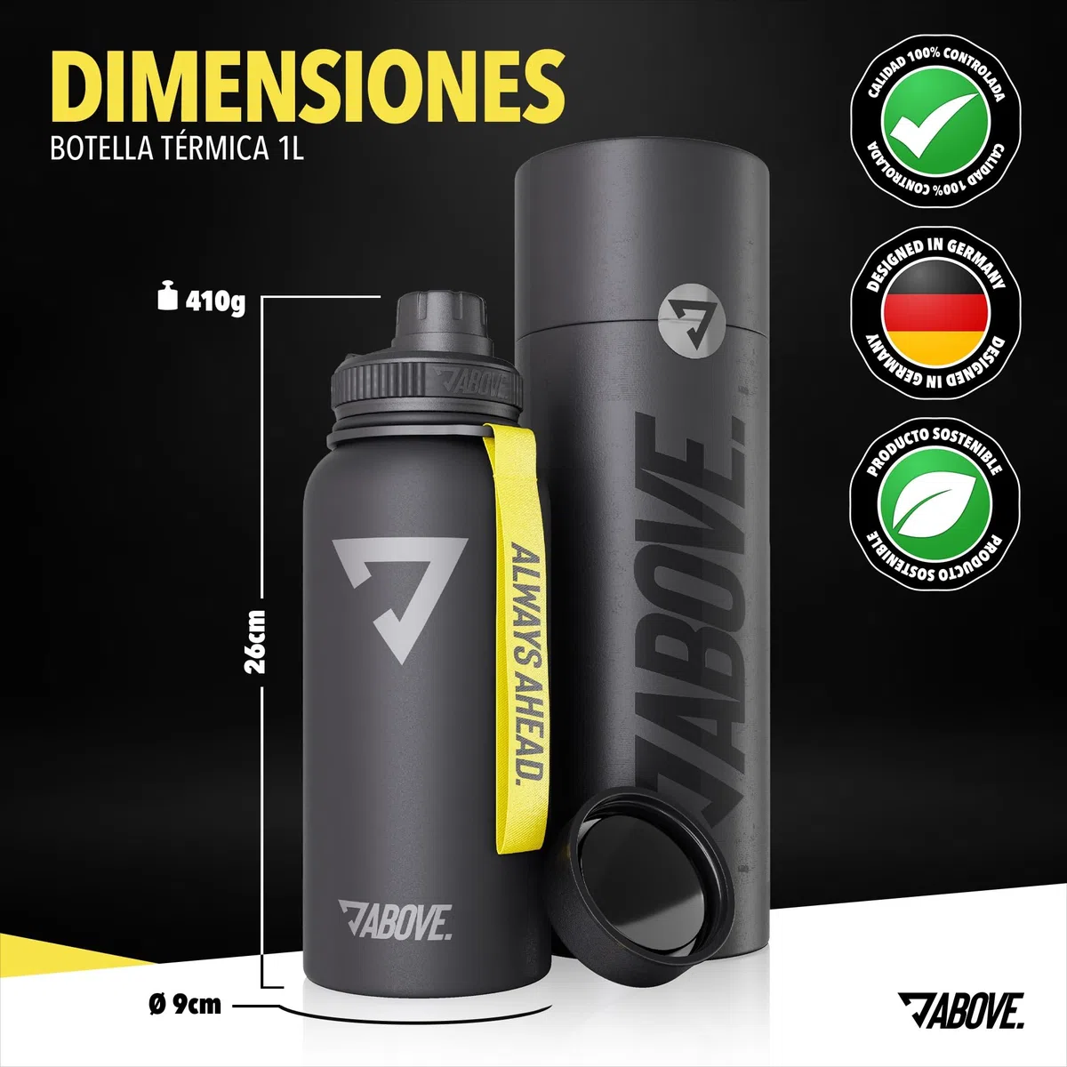 ABOVE. Botella Termica 1L de Acero Inoxidable – Sin BPA, Antifugas y Resistente – Mantiene Calor 12H y Frío 24H – con 2 Tapas ideal para Deporte y Exterior con Caja de Regalo (Negro)