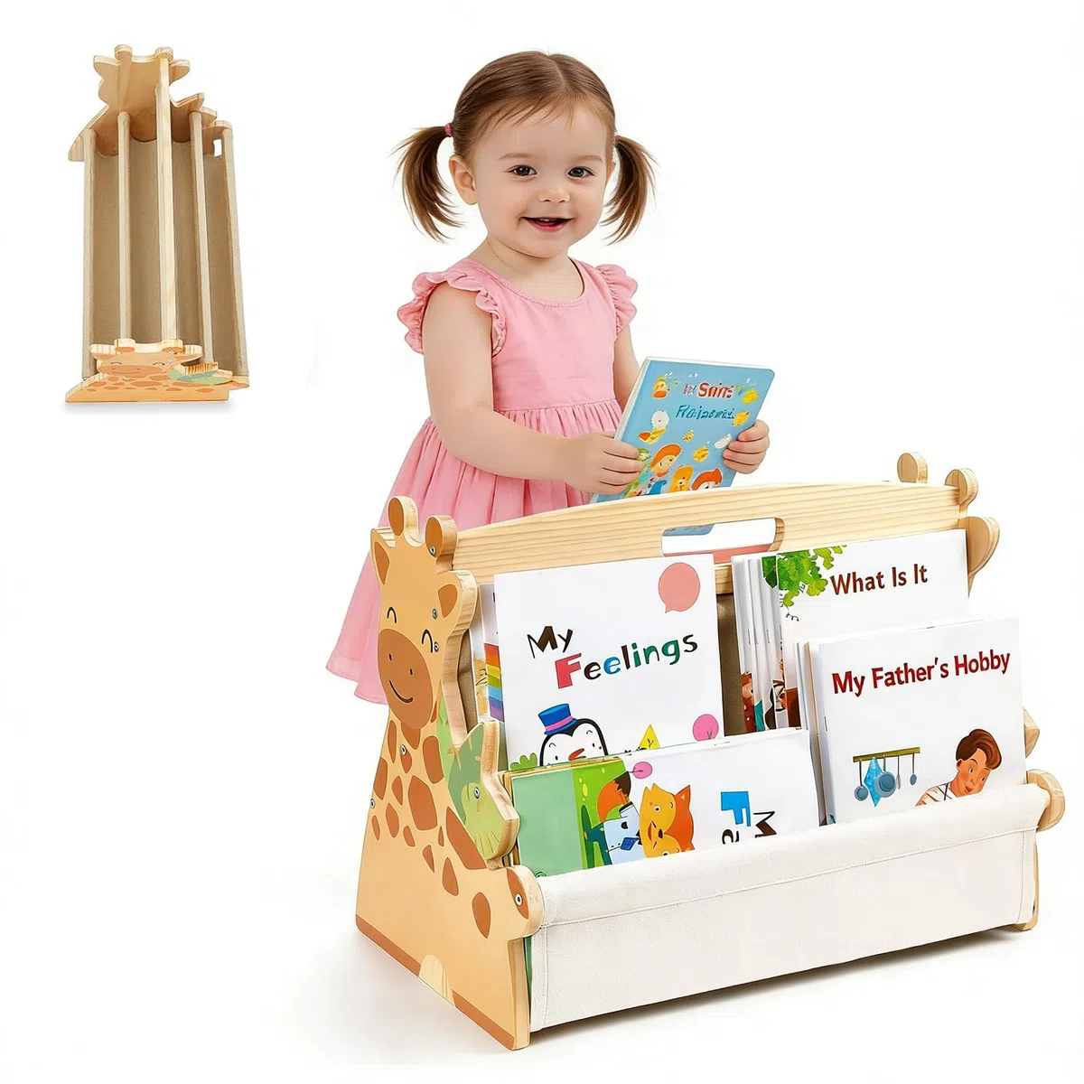 Estantería de madera para niños, estantería Montessori con bolsillos de lona resistentes, portátil con asa, estantería portátil para niños, organizador de libros para habitación infantil