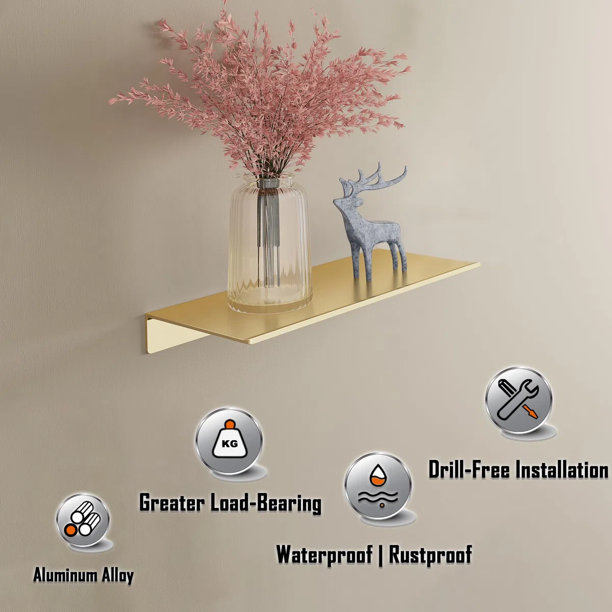 HNVNER Estantes de Pared Juego de 2, Dorado Cepillado, Estanterias Metalicas de Pared Baldas para Salón, Dormitorio, Recibidor, Ducha, Oficina, Estanteria Baño (30 x 12.5 CM)