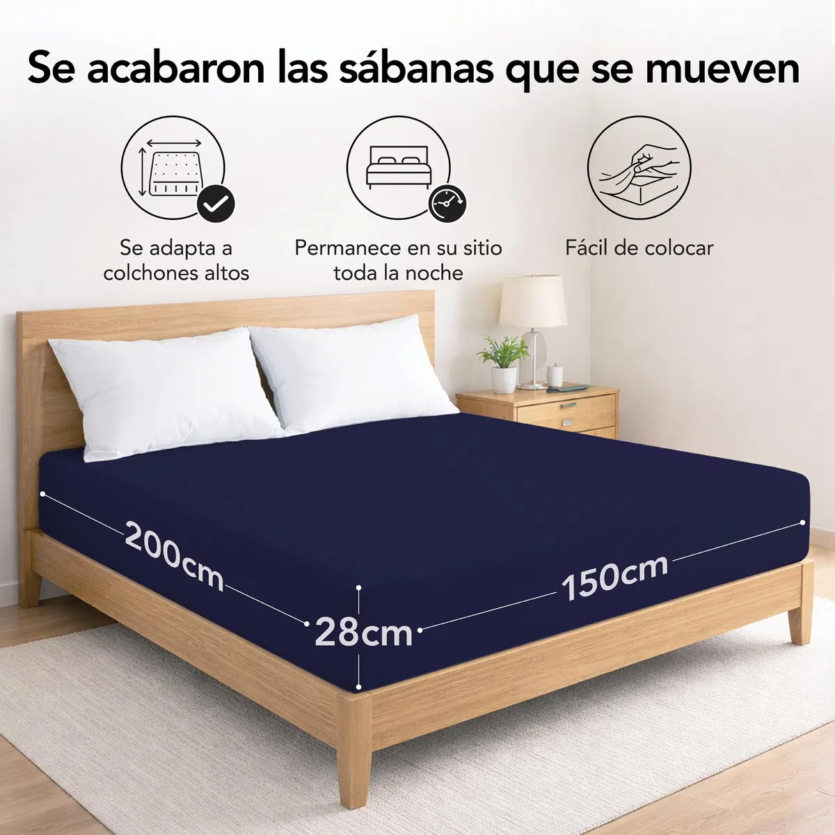 Ôhm Sábana Bajera Ajustable 150x200 Azul – Jersey 100% Algodón Elástico – Suave, Transpirable y Antiarrugas – Altura 28 cm para Colchones Altos – Oeko-Tex