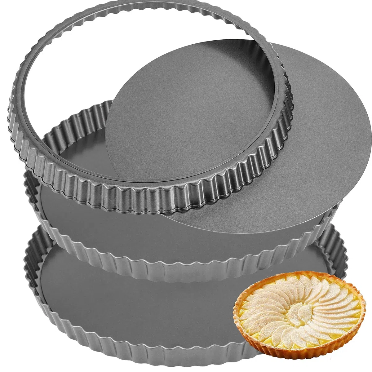 HAKZEON - Juego de 3 Moldes de Tarta de Quiche, 10 Pulgadas Pan Molde Redondas, con Antiadherente Base Desmontable para Crear Pasteles y Tartas de Frutas