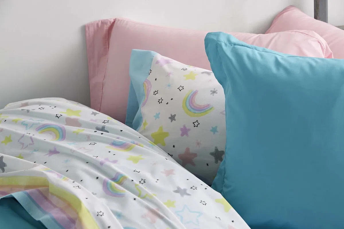 Burrito Blanco Juego de Sábanas 170 | Sábanas Bajera Ajustable | Algodón y Poliéster | Cama 105cm | Diseño Estrellas y Arcoiris
