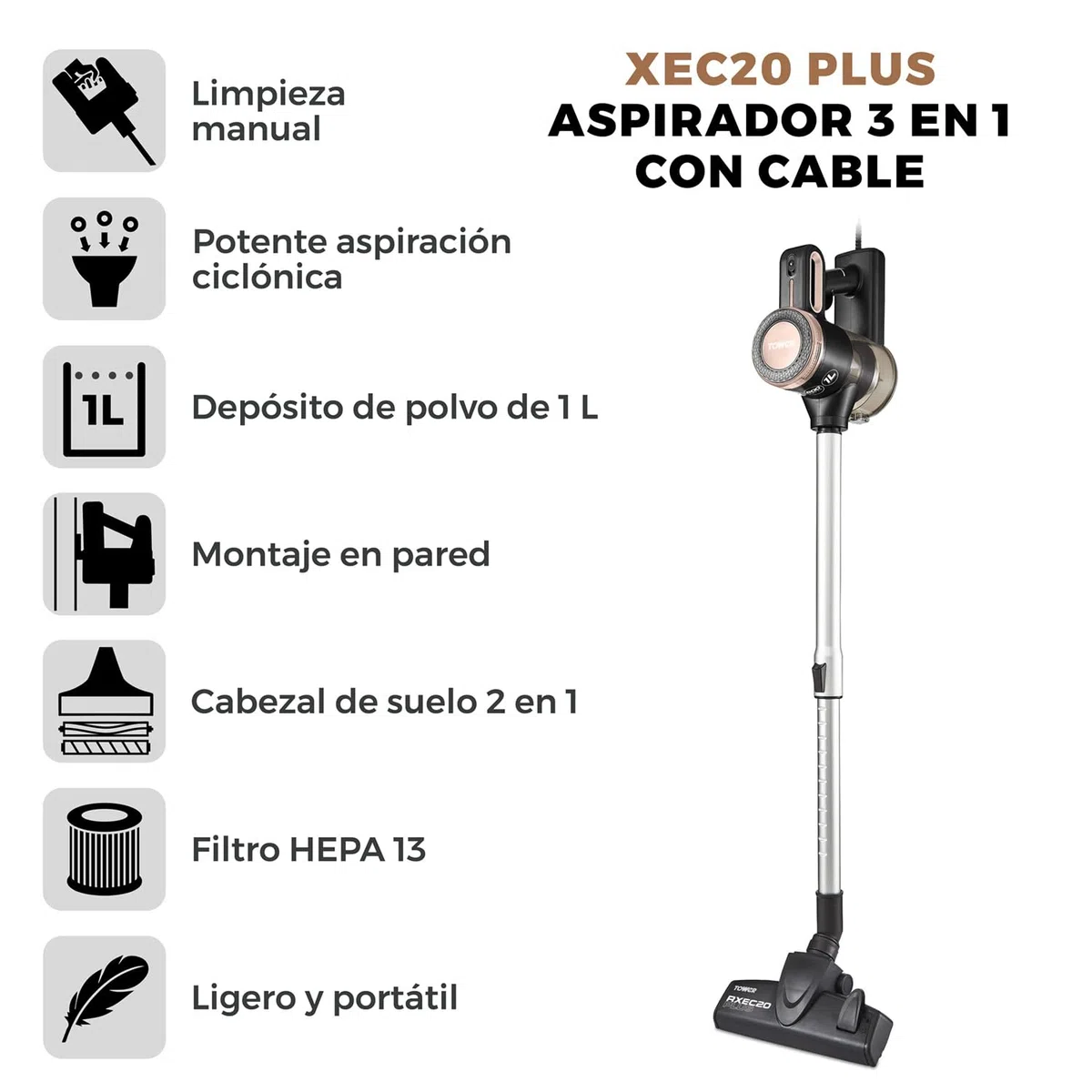 Tower T513005BLG XEC20 Plus Aspirador Vertical 3 en 1 – Aspiradora con Cable con Succión Ciclónica, Filtro HEPA 13 Integrado y Modo Aspirador de Mano Extraíble – Negro y Rosa Oro