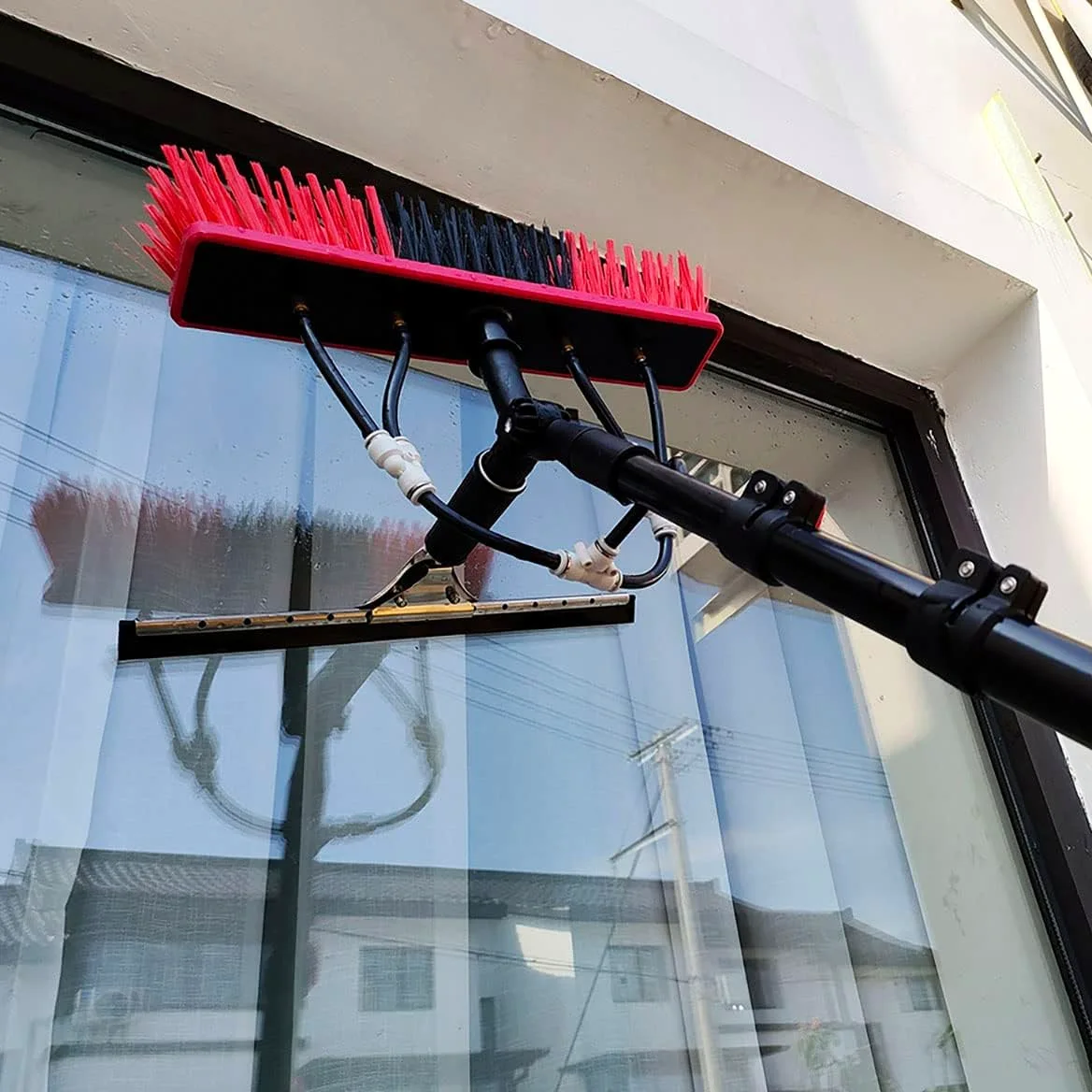 Genérico Cepillo telescópico para Ventanas de 3,6-10,8 m con alimentación de Agua, con escobilla de Goma y dispensador de jabón, hidrolimpiador, pértiga, Limpiador de techos de Invernadero