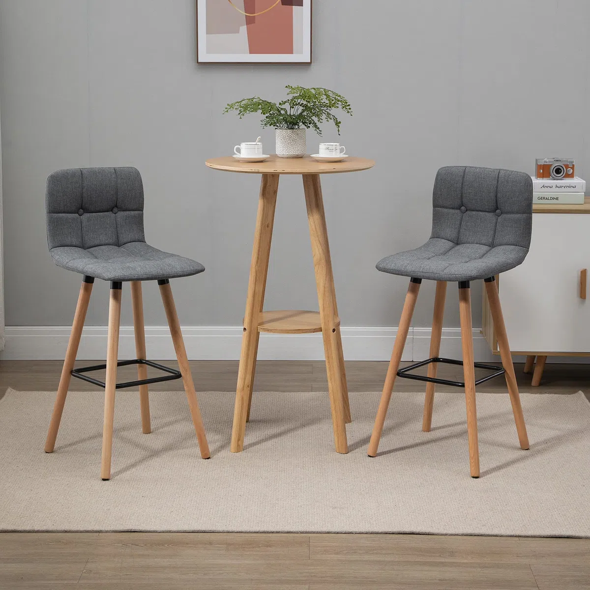 HOMCOM Juego de 2 Taburetes de Bar Taburetes Altos de Cocina Gris | Respaldo, Reposapiés, Patas de Madera, Estilo Moderno, Sillas Altas para Comedor, Salón, Bistró