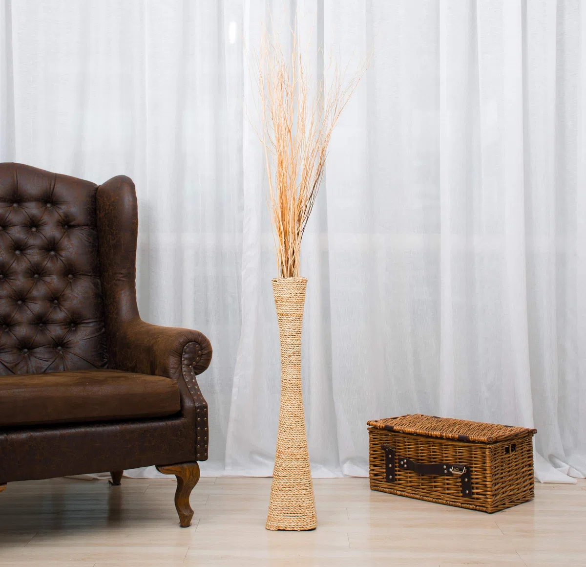 Leewadee Gran Jarrón de Suelo 70 cm Jacinto De Agua para Salón | Jarrón Deco para Salón, para Pampa & ramas. Fibra natural, sin agua. Boho & coastal