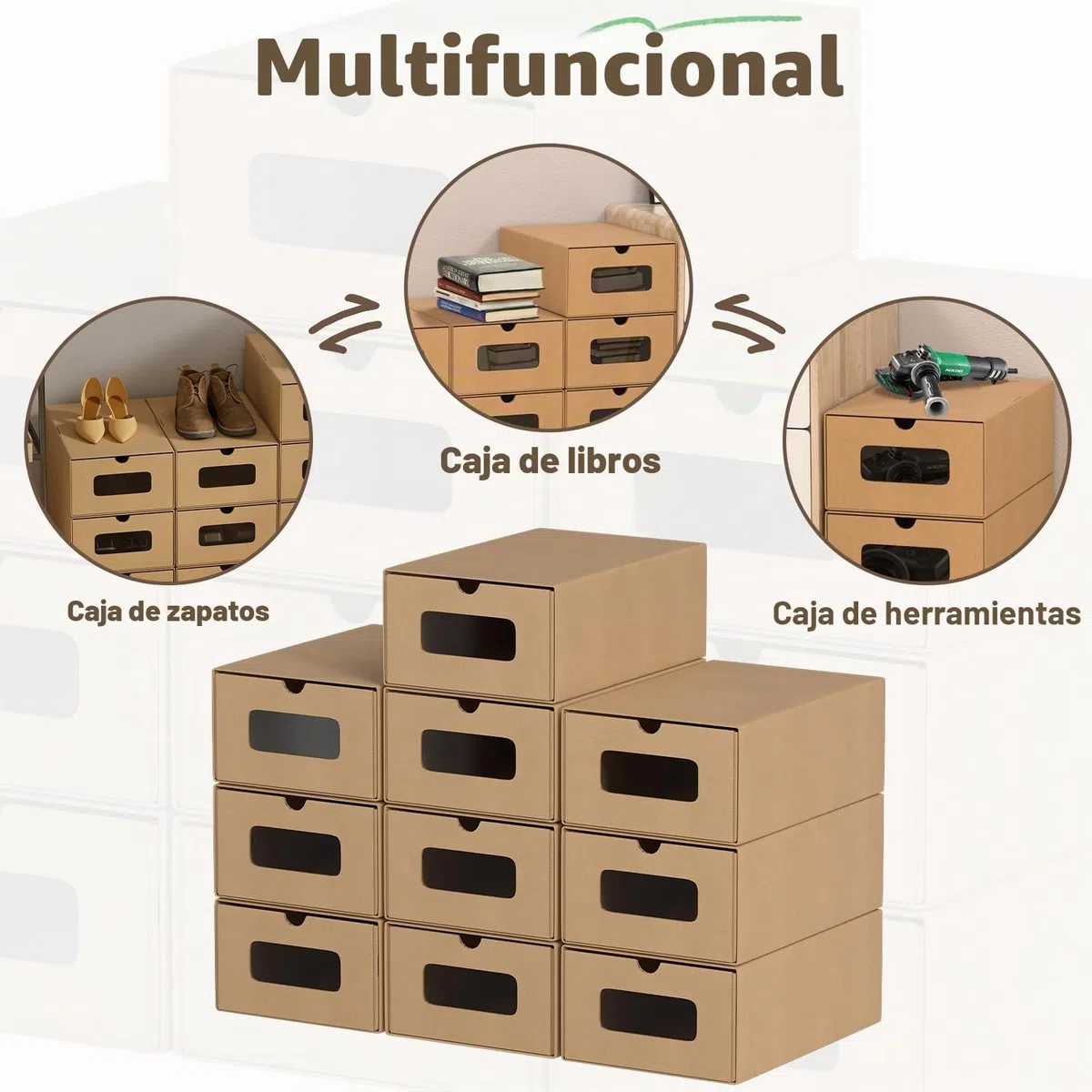 Cajas de almacenamiento con ventana y cajón, juego de 10 unidades, 33 x 30 x 35 cm, cajas apilables para zapatos de cartón, caja de zapatos, caja de juguetes, almacenamiento para accesorios