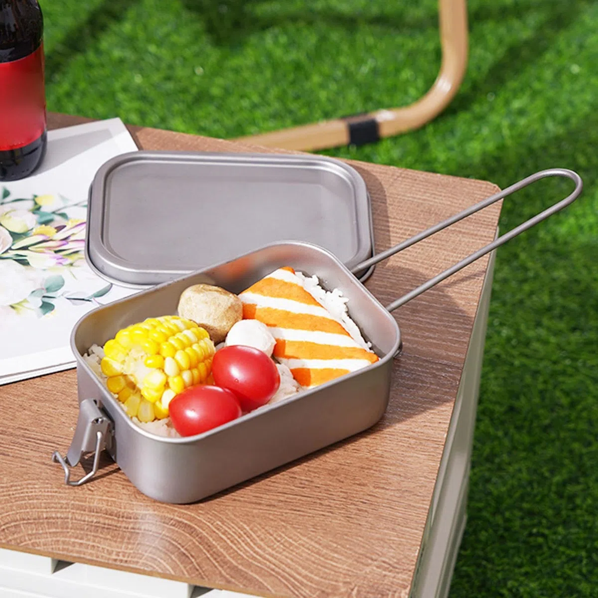 De Almuerzo De Titanio - Conservación De Alimentos De Metal | Tapa Hermética Ligera | Contenedor De Cocina Al Aire Libre Impermeable Con Mango Plegable, De Comida De Camping Para Senderis