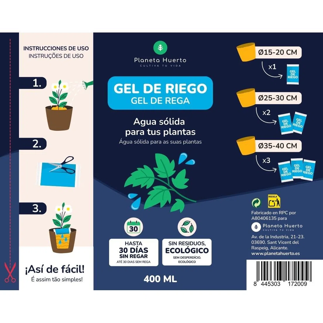 Planeta HUERTO | Pack 4 x Gel de Riego 400 ml Hidrogel Autorriego Plantas hasta 30 Días - Gel de Riego Automático para Macetas, Jardines, Huertos Urbanos y Plantas de Interior