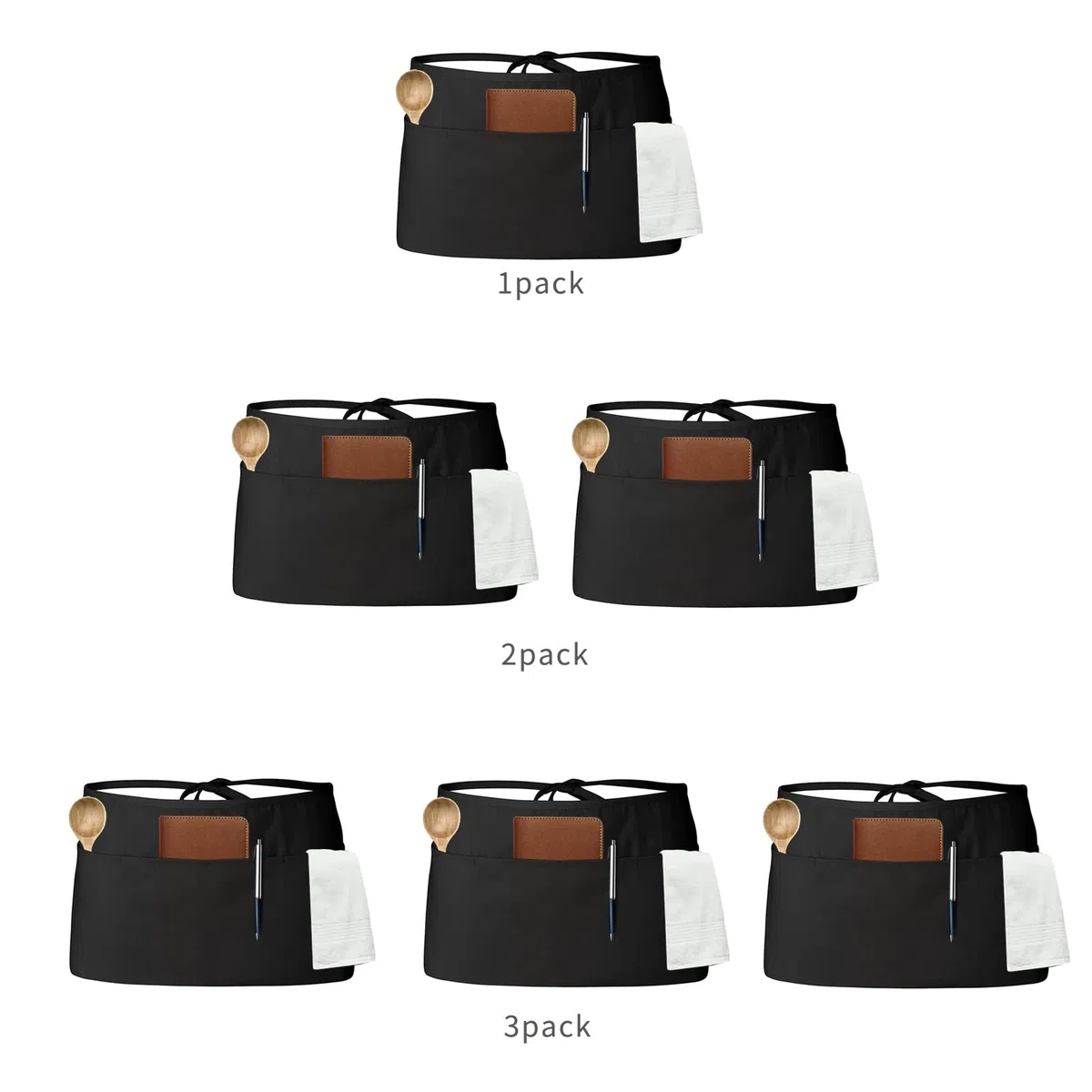 Tosewever Delantales de camarero con 3 bolsillos, delantal de cintura para camarera para mujeres y hombres, restaurante, hogar, color negro, medio delantal