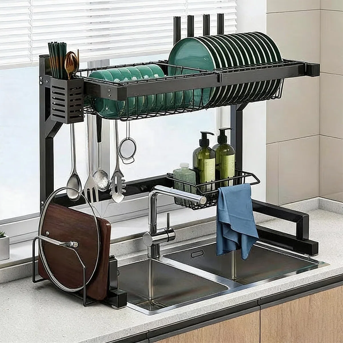 Escurridor de platos multifunción con soporte para utensilios, mantiene el fregadero de cocina organizado, para platos, vasos, cuencos, cubiertos