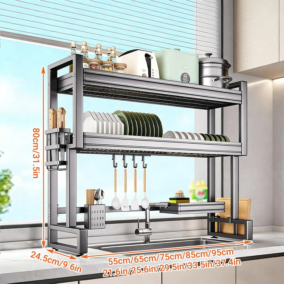 Escurridor de platos multifuncional de acero inoxidable que ahorra espacio para cocina, platos, vasos, cubiertos