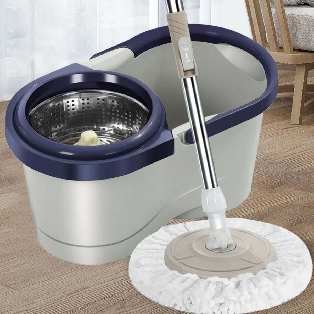 Juego de fregona y Cubo, fregona giratoria, Cubo y fregonas | juego automático de limpieza del hogar, limpiador sin esfuerzo que ahorra trabajo con escurridor para sala de estar, cocina,