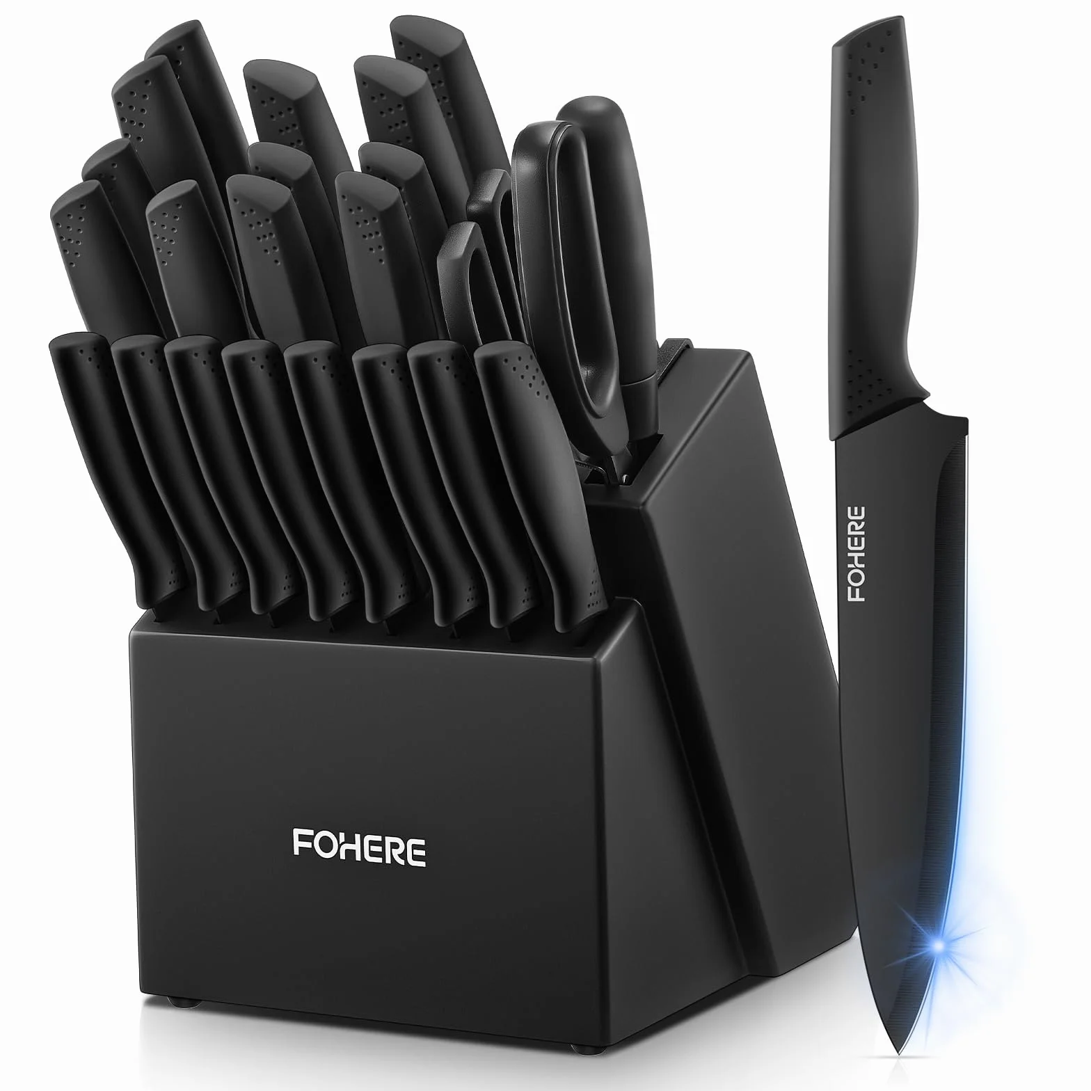 Juego de Cuchillos de Cocina con Bloque FOHERE 23 Piezas Bloque de cuchillos con Afilador Integrado, Cuchillos Cocina con Cuchillo Deshuesador y Cuchillo para queso, Negro