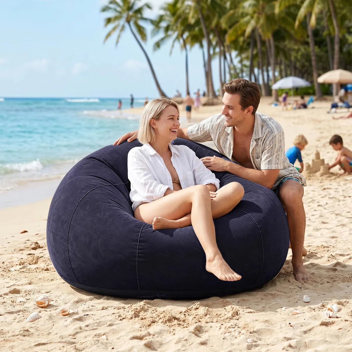 Sofá Inflable, Sofá Inflable Portátil con Bomba de Aire, Tumbona Inflable para Camping, Playa y Piscina, Adecuado para Niños, Adultos y Familias (Azul)