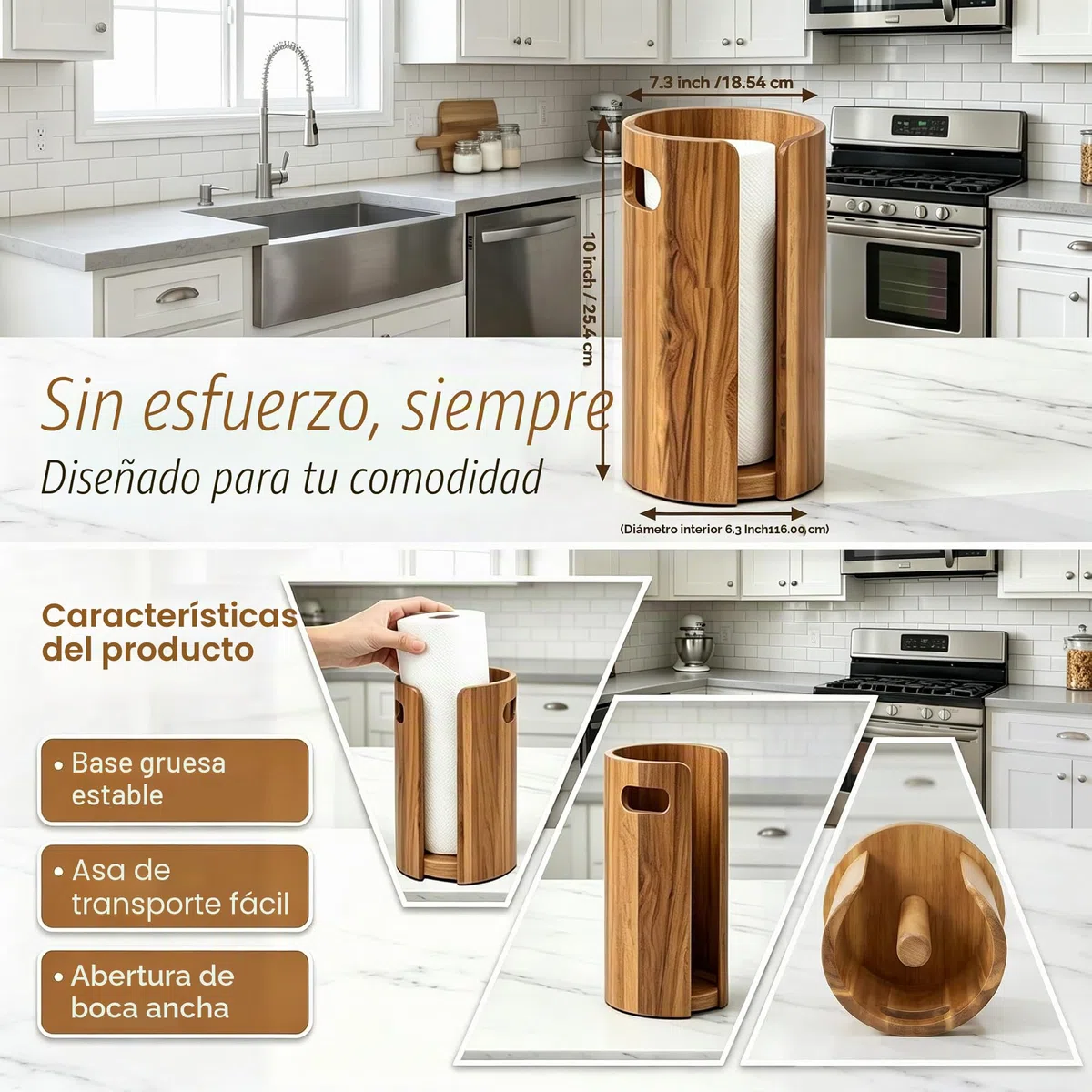Portarrollos de Papel de Cocina de Madera para Encimera, Soporte para Rollo de Cocina con Salpicadero, Asas y Base Antideslizante Lastrada, Esencial de Decoración para Cocina, Baño, Apartamento