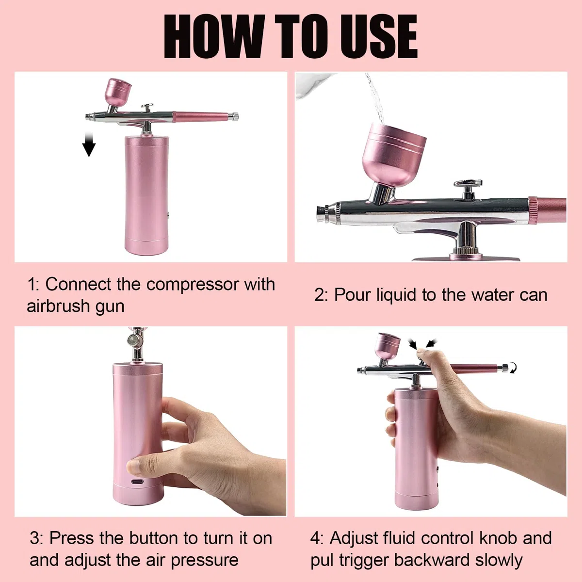 Kit de Aerografo con Compresor, Aerógrafo Portátil Inalámbrico Recargable, Multifunción Airbrush Kit, Aerografo para Uñas, Modelismo, Maquillaje, Decoración Pasteles (Rosa)