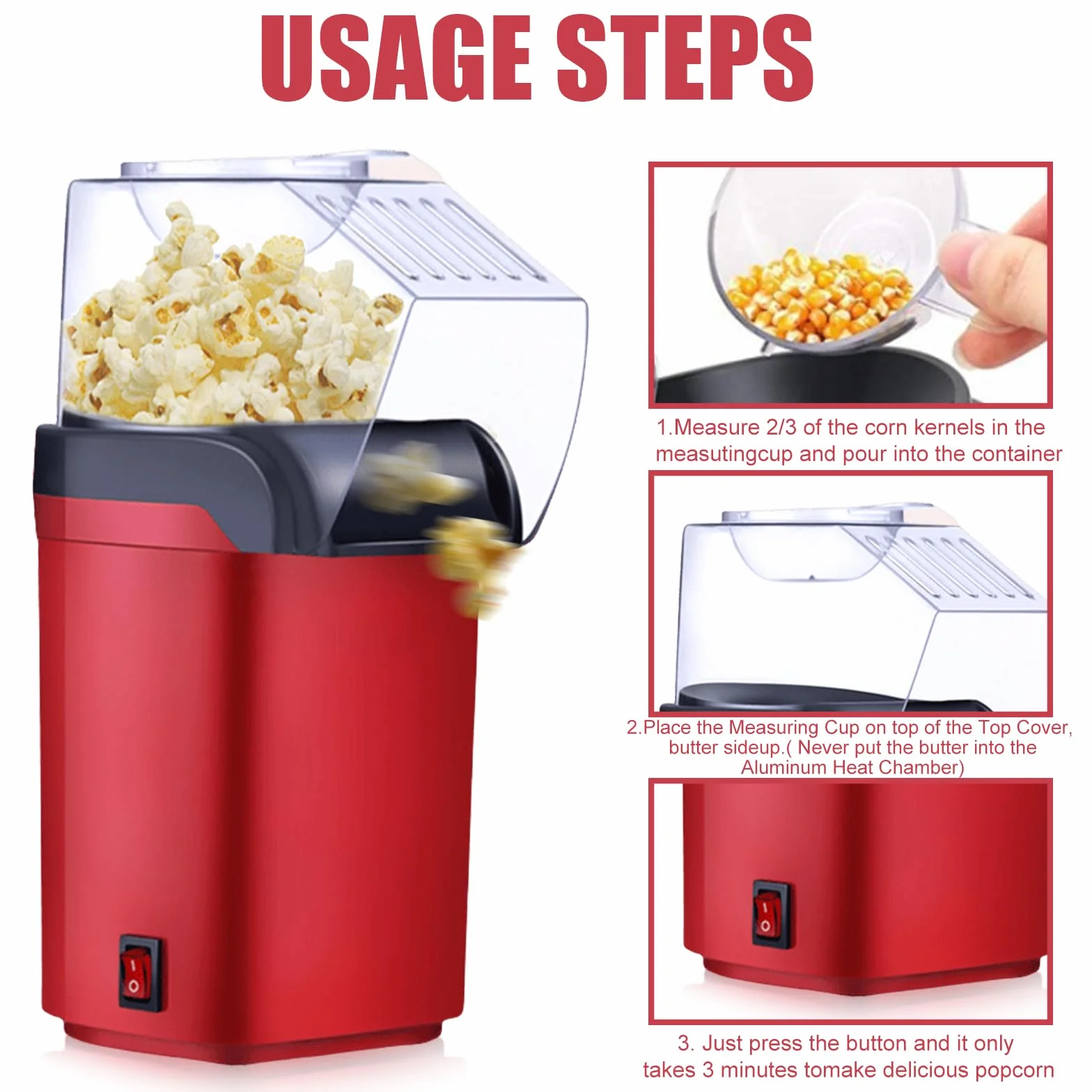 Máquina de palomitas de maíz de aire caliente de 1200 W sin aceite ni grasa, fabricante eléctrico rápido en 3 minutos, operación de un botón compacto con cuchara de medición ideal para casa y fiestas