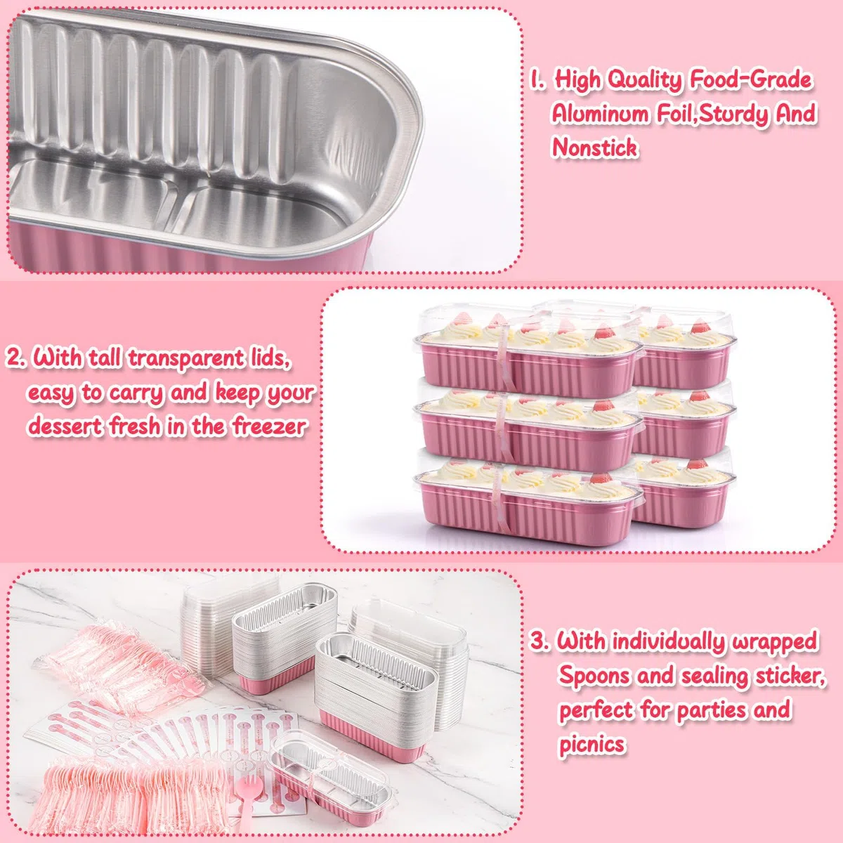 Paquete de 100 mini moldes para pasteles, mini moldes para pan con tapas y cucharas, moldes de aluminio desechables para pan, pasteles, bodas, cumpleaños, fiestas, picnics, vacaciones