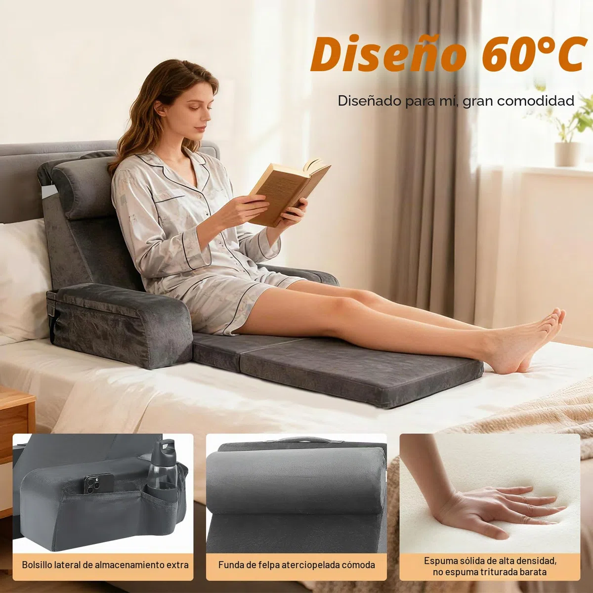 Cojín grande de lectura con reposacabezas y reposabrazos extraíbles, hueso de lectura para adultos con funda lavable de fibras largas, cojín ergonómico para respaldo de respaldo para leer