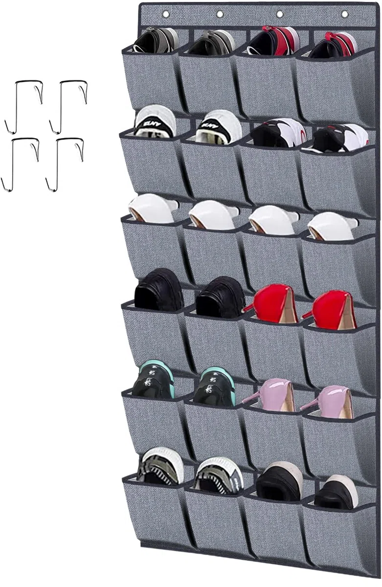 homyfort Organizador De Zapatos de tamaño grande Para Colgar De La Puerta, Zapatero Bolsa de Almacenamiento Armario Colgante, 24 Bolsillos, con 4 Colgador, Gris Lino, X3G12GP2