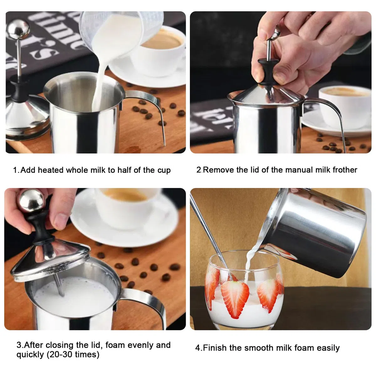 Espumador de Leche Manual de Acero Inoxidable, 400ml Espumadoras de Leche Manual, Espuma de Doble Malla, Batidoras Leche Manuales, para Espuma de Leche Capuchino O Expreso Macchiato