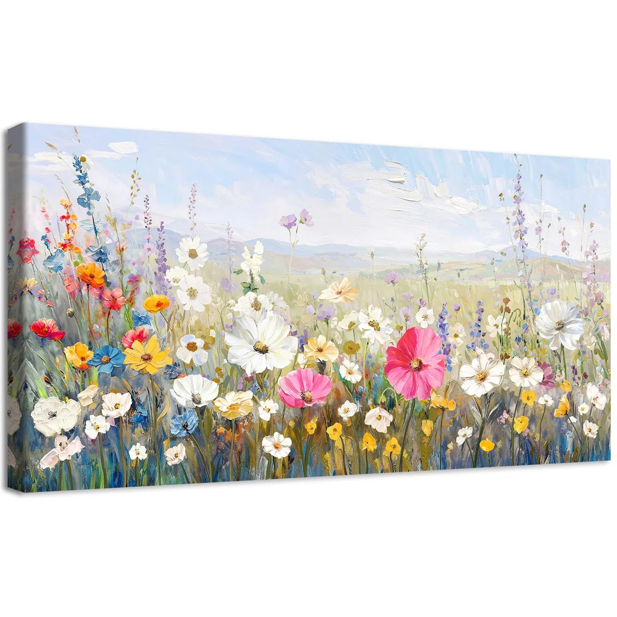 Flores Silvestres de Colores Marco de Madera Grande Cuadro Modernos Floral Campo Hierba Pintura Imagen Foto Cielo Azul Paisaje Cuadros Decorativos Cuadros Decoracion Salon Dormitorio 50x100cm
