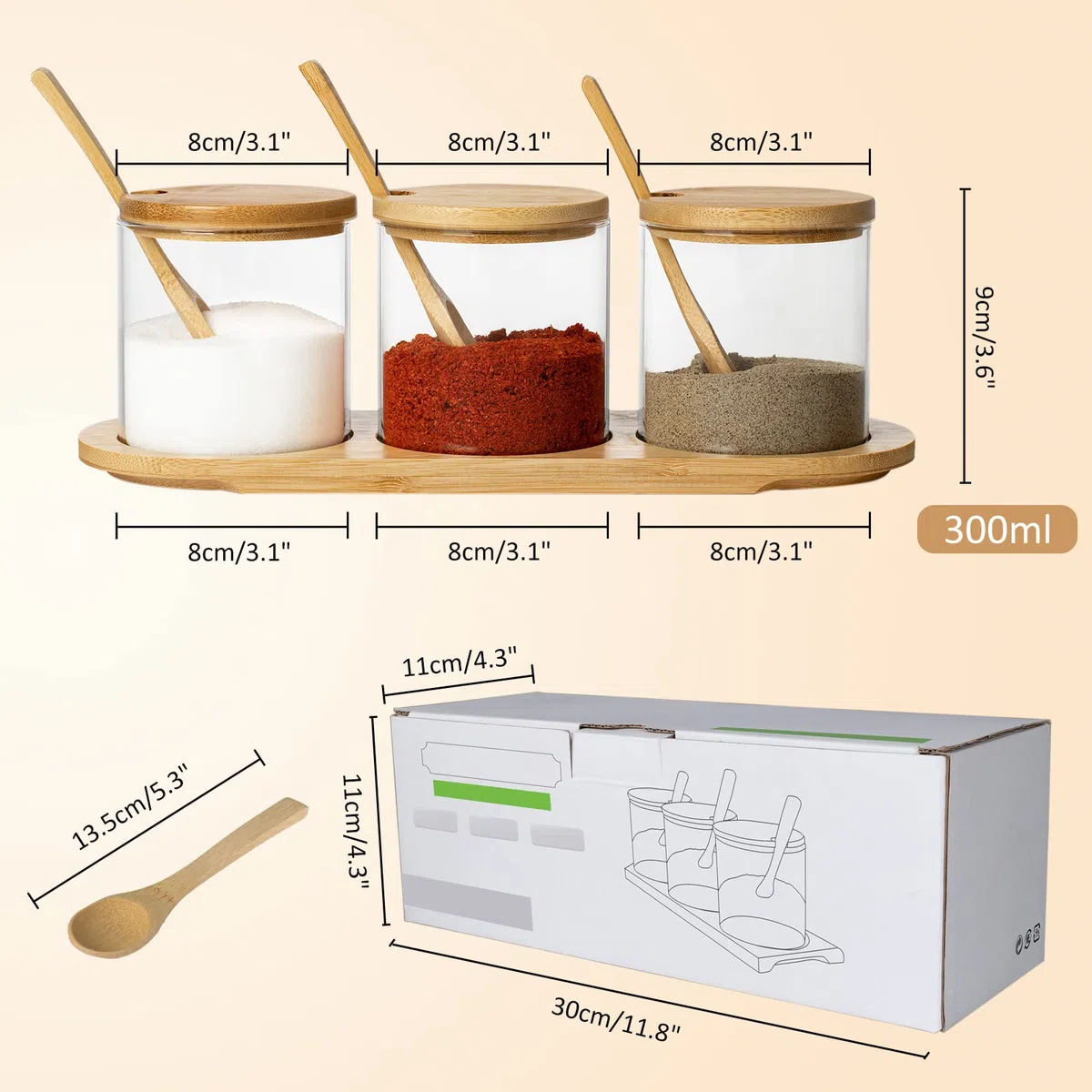 Joeyan 300ml Tarro de Condimento-Juego de 3 Recipiente con Tapa, Cuchara y Base -Botes Herméticos de Vidrio para Especias, Sal, Azúcar