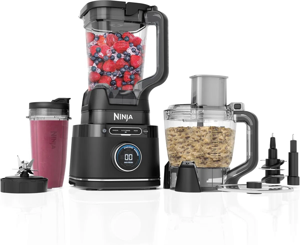 Ninja Procesador 3 en 1 Detect Power Blender Pro, potente licuadora de 1200 W, tazón de procesador de alimentos, hoja de masa, 1 taza de una sola porción, jarra, hacer masa de pizza, mezclar, picar y
