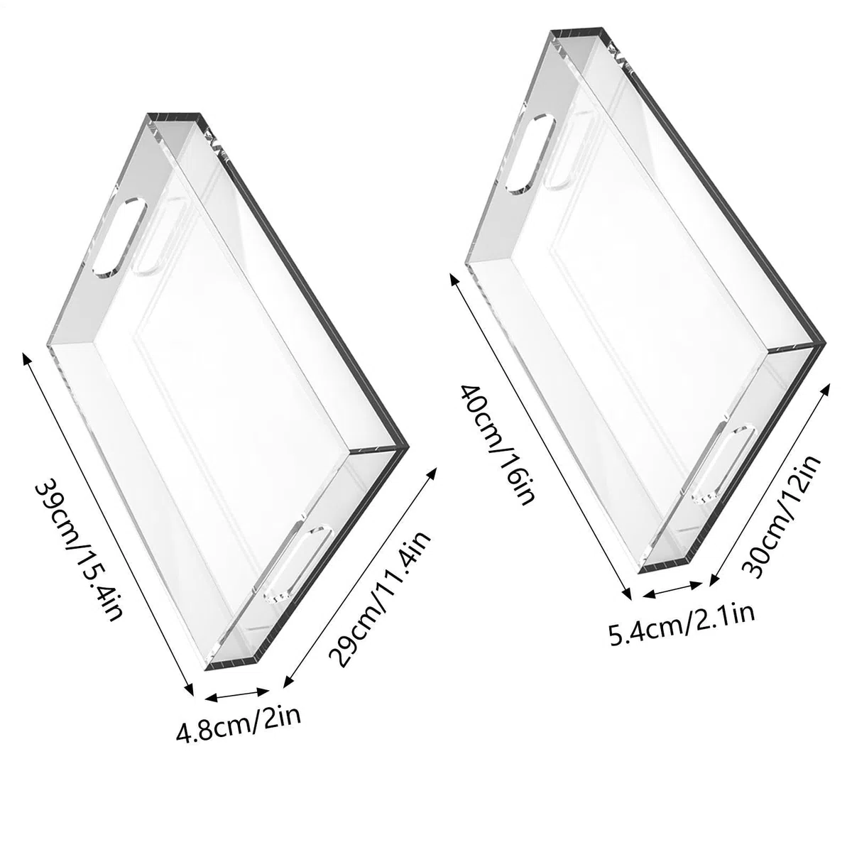 Bandeja de Servicio Transparente Juego de 2, herméticas con asas, | Bandeja de Servicio Antideslizante de Acrílico Para Mesa de Centro, Alimentos, Baño, Cocina, Cafetería, Comed