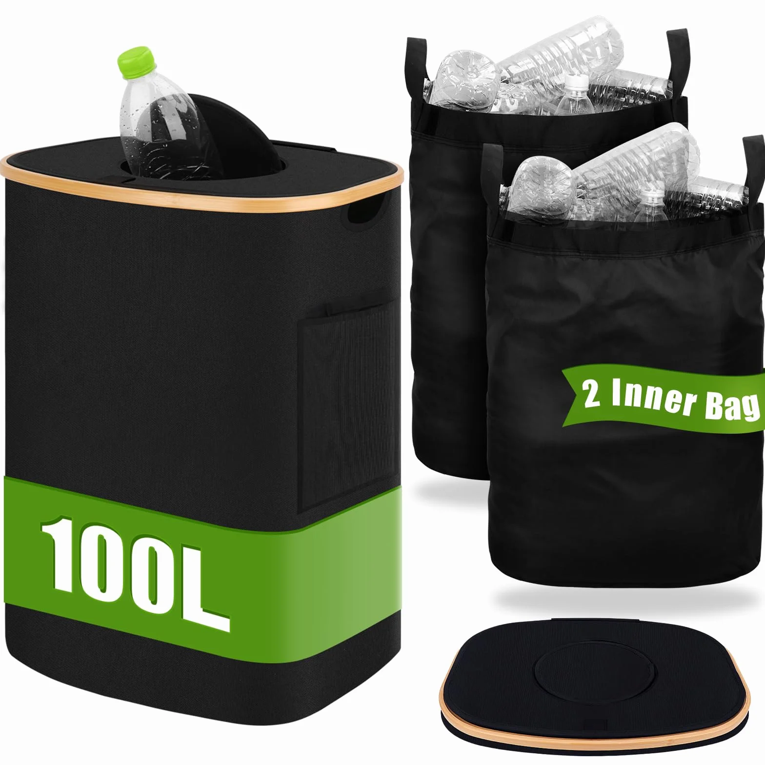 Hysagtek Botellas de depósito de 100 l, recipiente con 2 bolsas de transporte extraíbles, recipiente para depósito de depósitos con tapa, recipiente vacío para la cocina