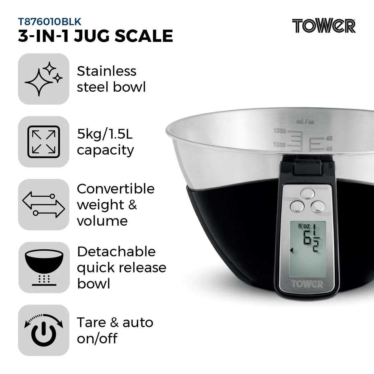 Tower Báscula digital 3 en 1, cuenco de acero inoxidable de 1,5 L, precisión de 1 g, añade y pesa para ingredientes húmedos y secos, modos de peso/volumen convertibles, capacidad de 5 kg, negro