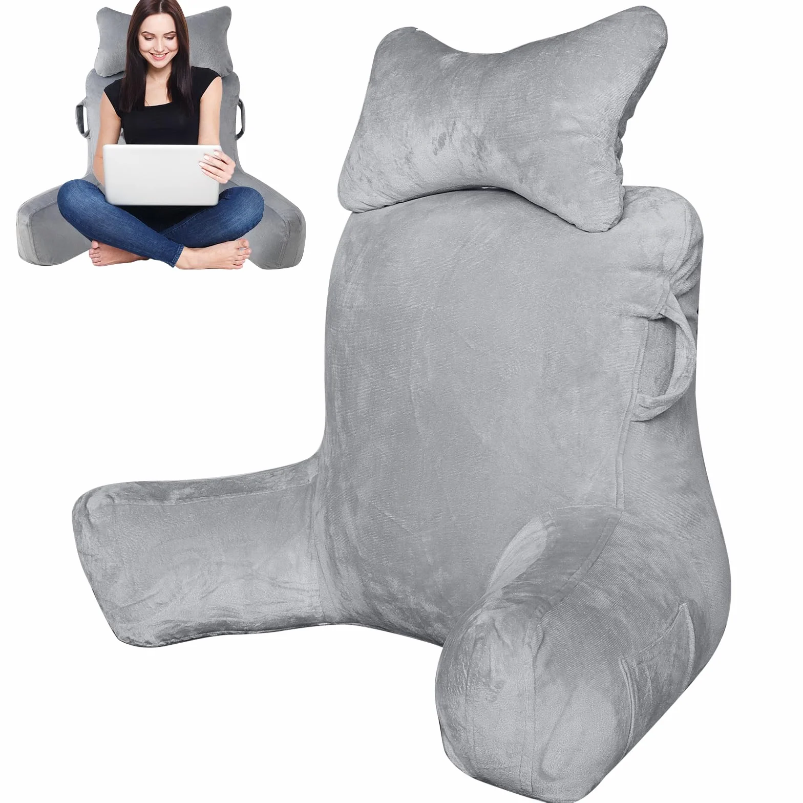 Suewidfay Almohada Lectura Cama, 90x80cm Grande Cojín Lectura con Respaldo Apoyo Lumbar y Cuello Desmontable y Brazos, Cojin Respaldo para Trabajar, Leer o Jugar en la Cama Sofá Suelo