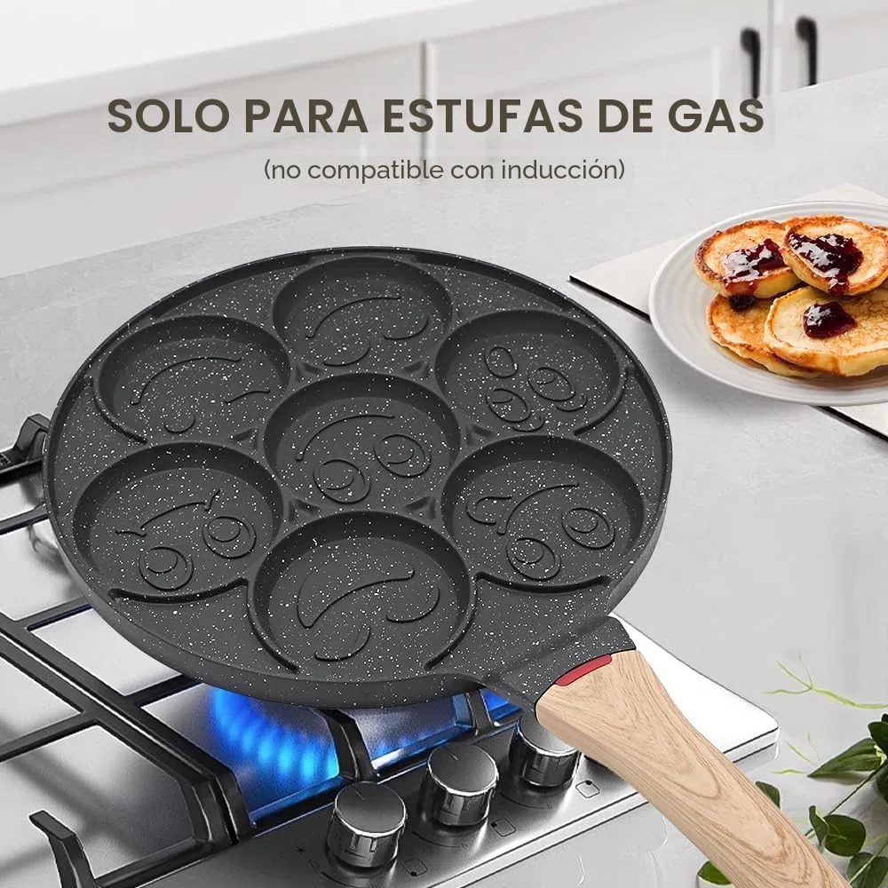 Sarten para Tortitas Smiley, Molde Tortitas Antiadherente 7 Agujeros Sartén para Crepés de Desayuno para Niños 26 cm - Negro