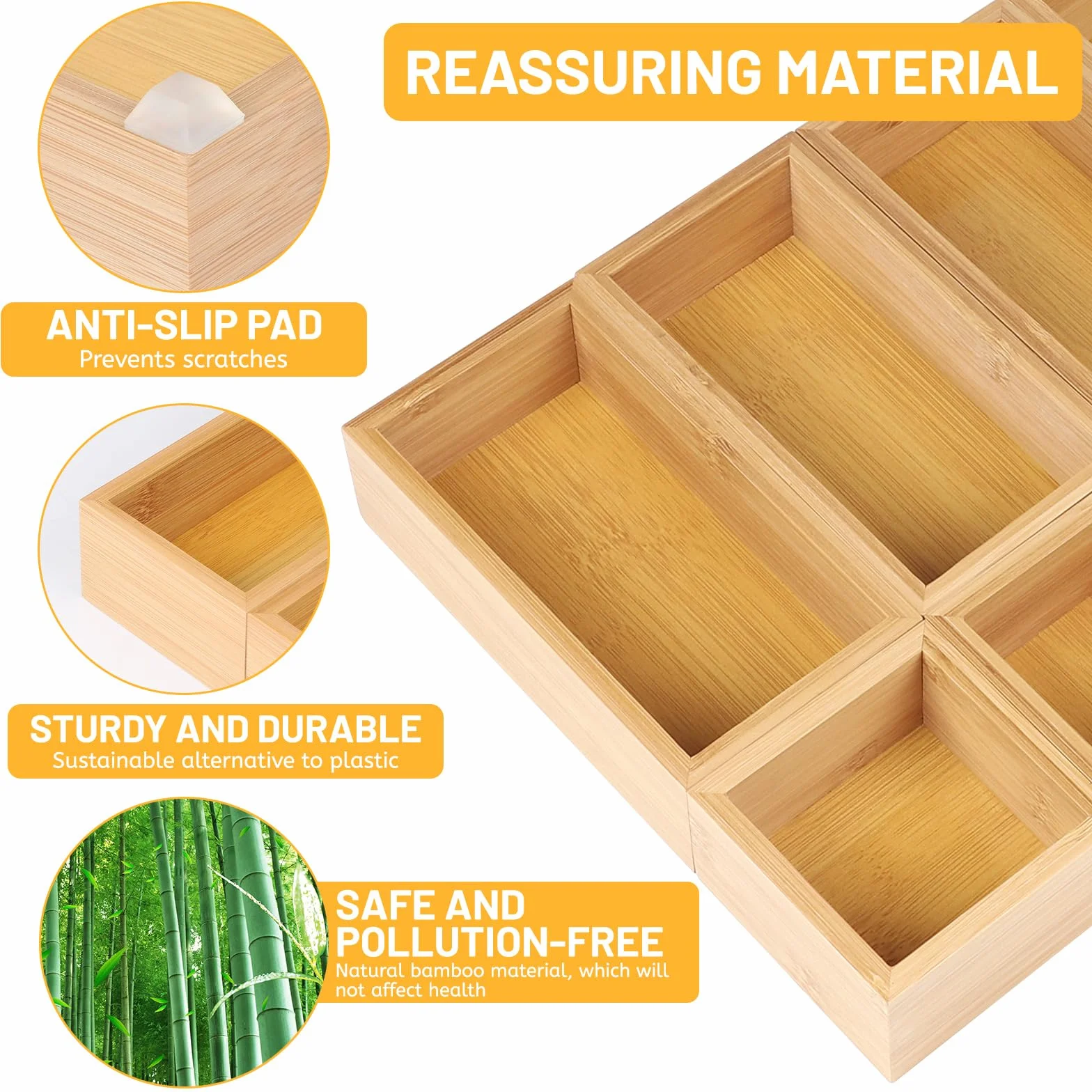 DBREAKS Set de 6 Cajas Organizadoras para Cajones de bambú, Caja de almacenaje, para Utensilios, Maquillaje, Basura en Cocina, Baño(Natural)