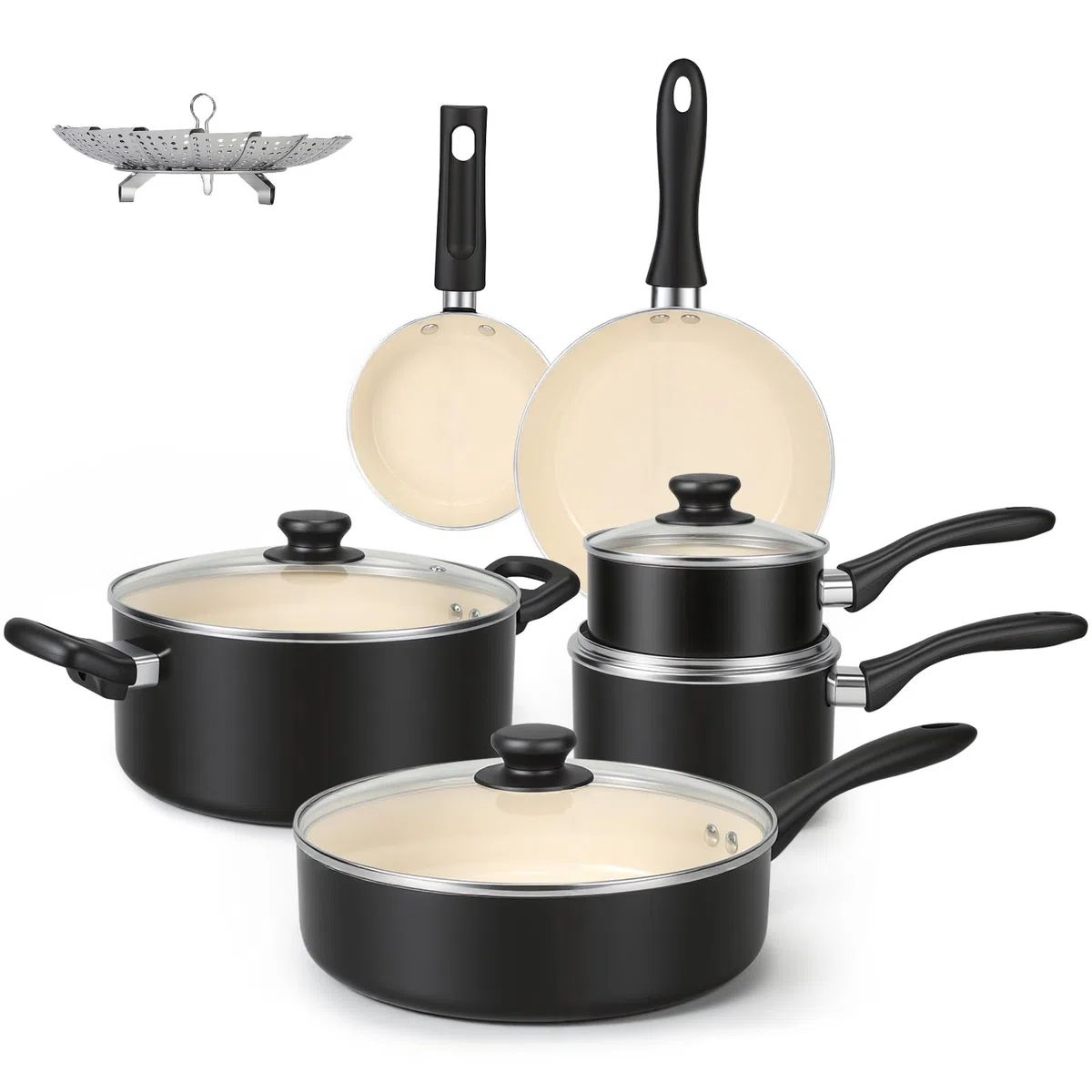 Amazon Basics Juego de ollas y sartenes, de cerámica, antiadherente, 11 Unidad, Negro/Crema