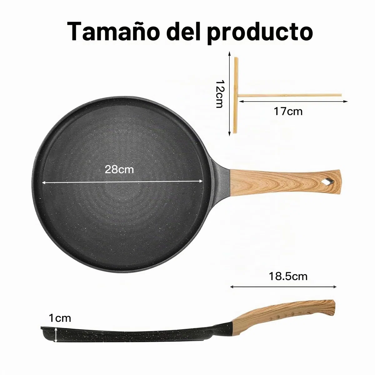 Sarten Crepes, 28 cm Crepera Sarten con Distribuidor de Masa, Revestimiento Antiadherente, Libre de PFOA, Compatible con Inducción