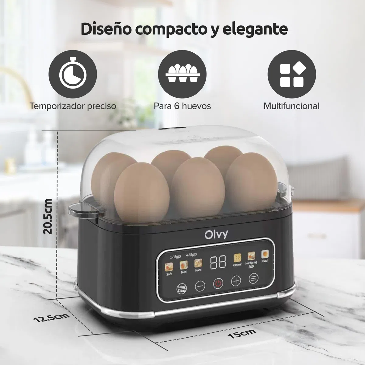 Olvy Hervidor de Huevos Eléctrico 6-en-1 con Temporizador LCD - Cocedor y Cuece Huevos Eléctrico con Apagado Automático y Vaso Medidor - Hervidor de Huevos y Hervidero de Huevos Multifuncional