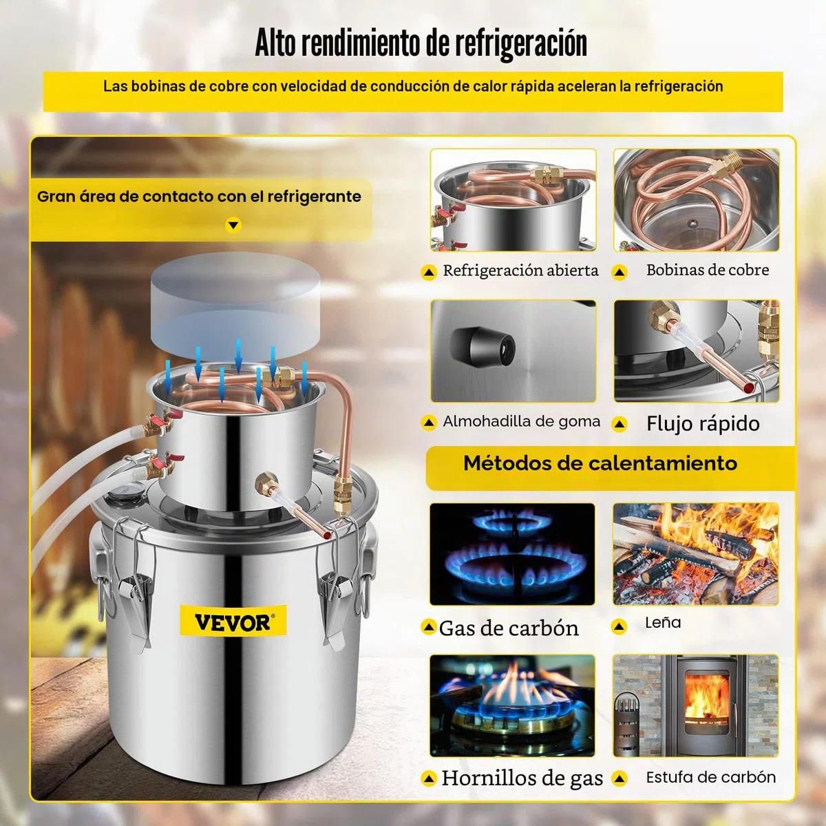 VEVOR Destilador de Alcohol de Agua 11,4 L Kit de Destilación con Bomba de Circulación, Tubo de Cobre para Alambique de Alcohol con Termómetro Incorporado para Whisky, Alcohol DIY, Acero Inoxidable