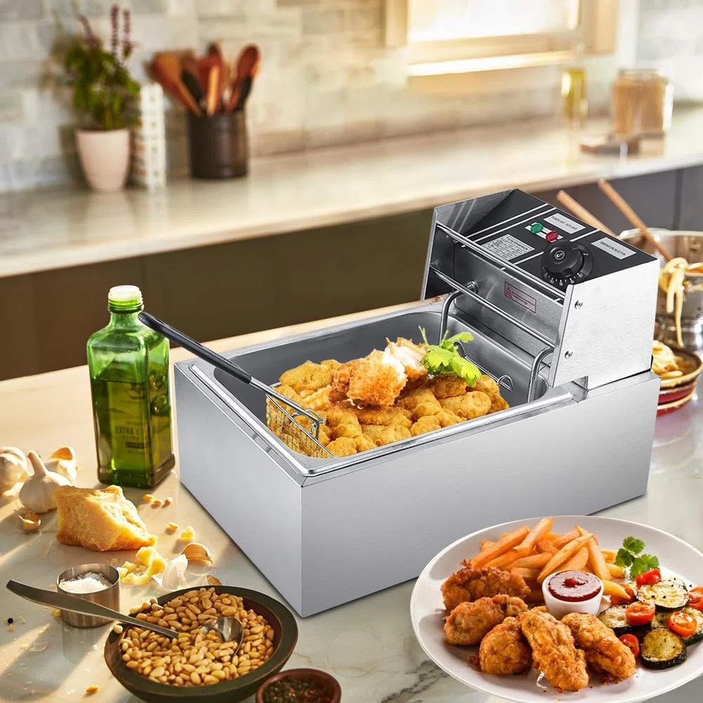 Freidora Industrial Eléctrica de Acero Inoxidable, 6L, 220-240V, con Regulador de Temperatura y Canasta, para Uso Comercial y Doméstico