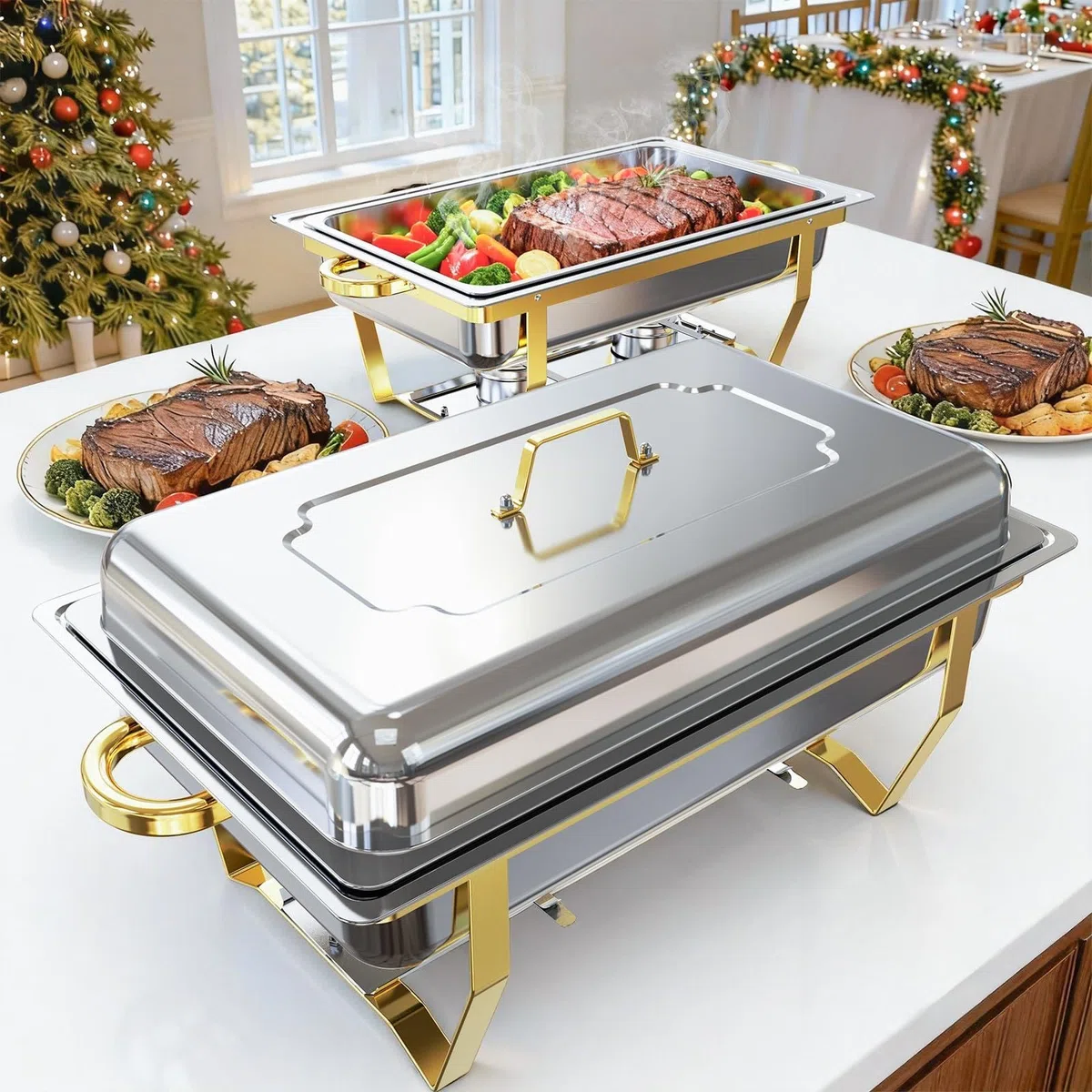 Juego de 2 platos de frotamiento para buffet, juego de platos de alta calidad, calentadores de alimentos [instalación sin tornillos] con diseño apilable para bufés de bodas, hogar, Navidad, 2 sartenes