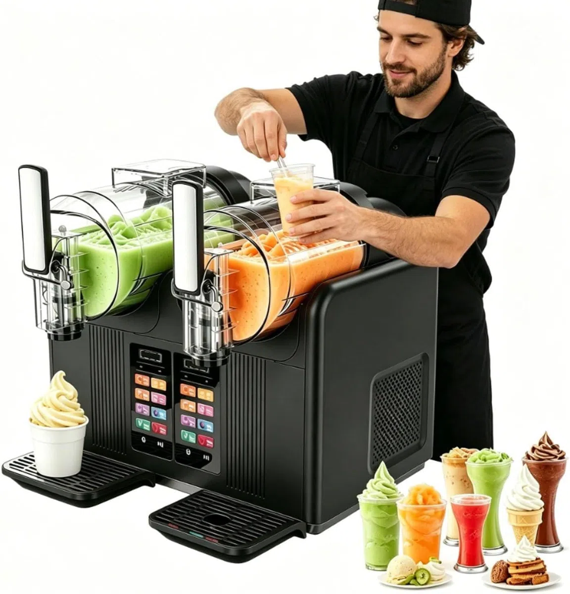 Doble Cabezal Máquina de Granizados y Máquina Soft Serve, 2L Cada Uno White | Dos Depósitos PC de 2L Preparan Dos Sabores; 430 W, Mezcla 360°, Bloqueo Infantil, Autolimpieza y Ventilación por Tres Lados