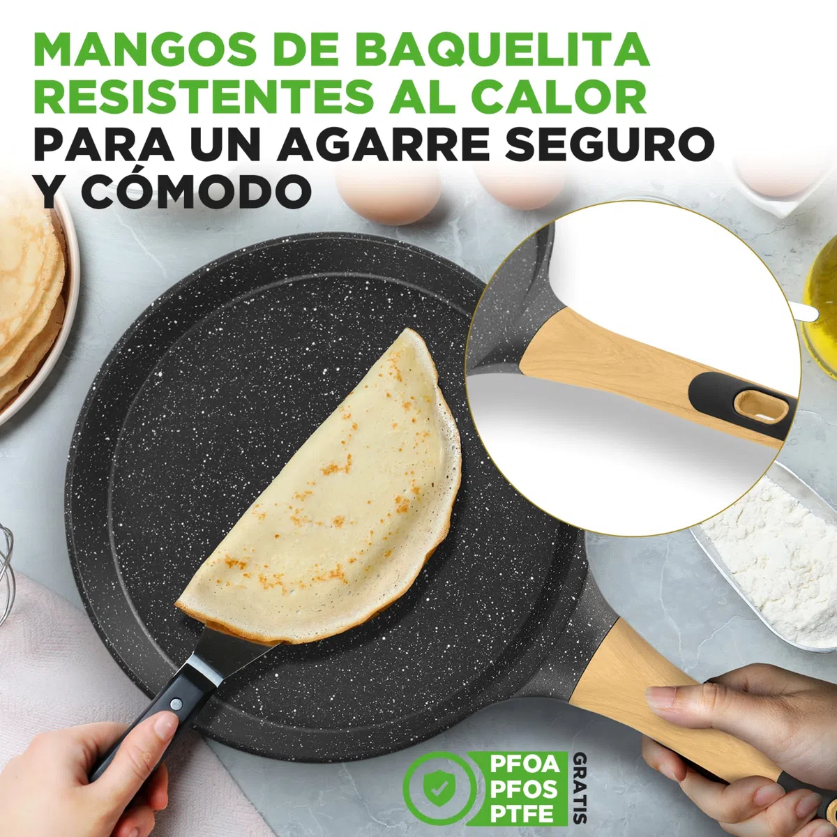 NutriChef sarten para crepes con esparcidor de madera, Tortitas, Panquecas, 11”, Facil de limpiar, Antiadherente, Con recubrimiento de marmol
