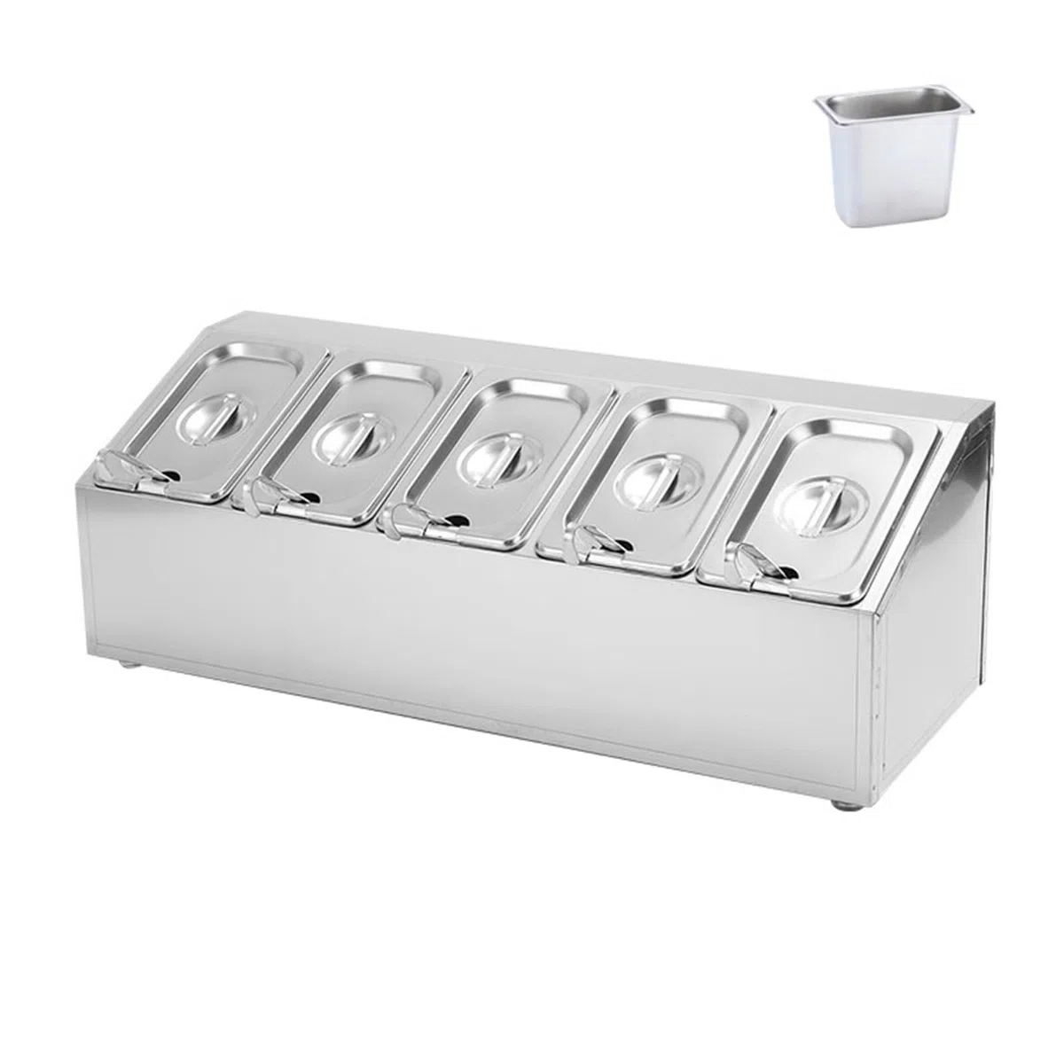 Estación de cobertura de pizza con sartenes y tapas, dispensador inclinado de acero inoxidable para encimera, estante de especias para condimentos, salsa, ensalada, mermelada, ingredientes