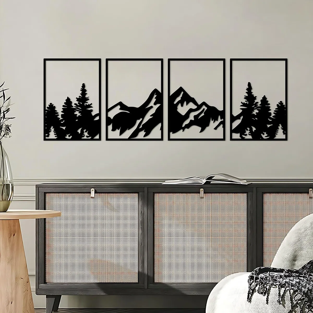 ESTART Arte de pared de montaña grande, 4 piezas de decoración de pared de metal, adecuado para sala de estar, dormitorio, oficina (bosque de montaña)
